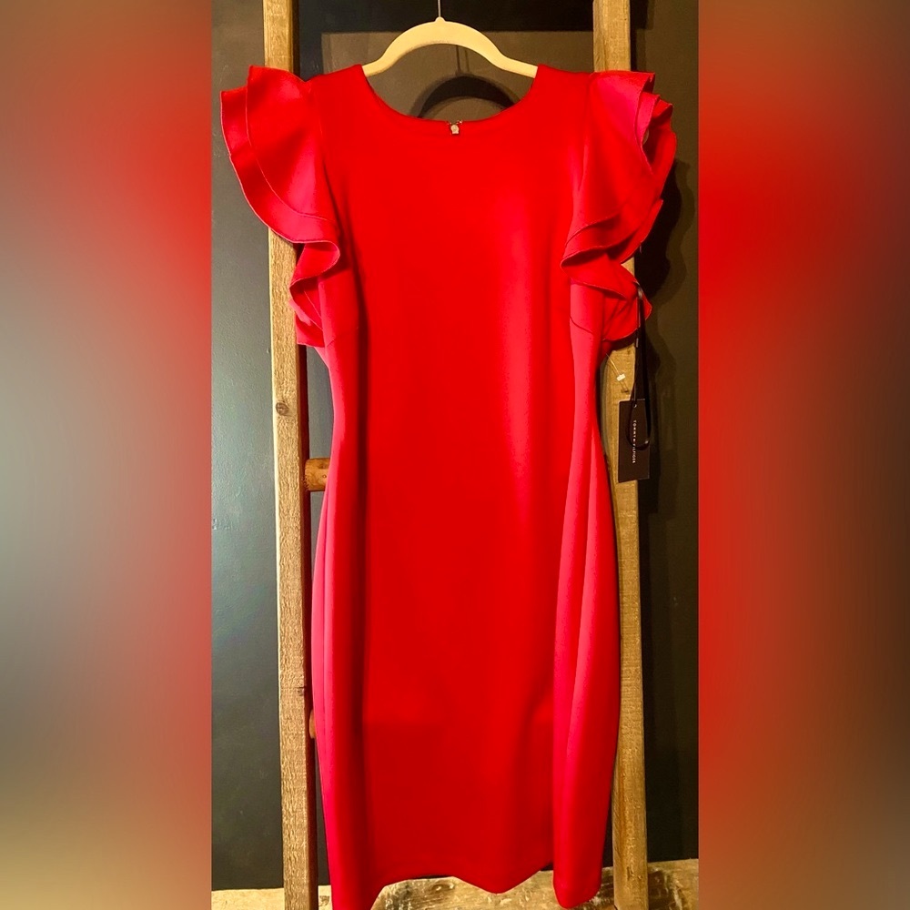 Tommy Hilfiger Red/ Raspberry Sheath Dress with Flutter Sleeves
